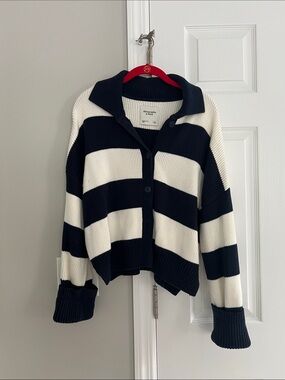 Abercrombie & Fitch Navy and White Striped Button-Front Cardigan